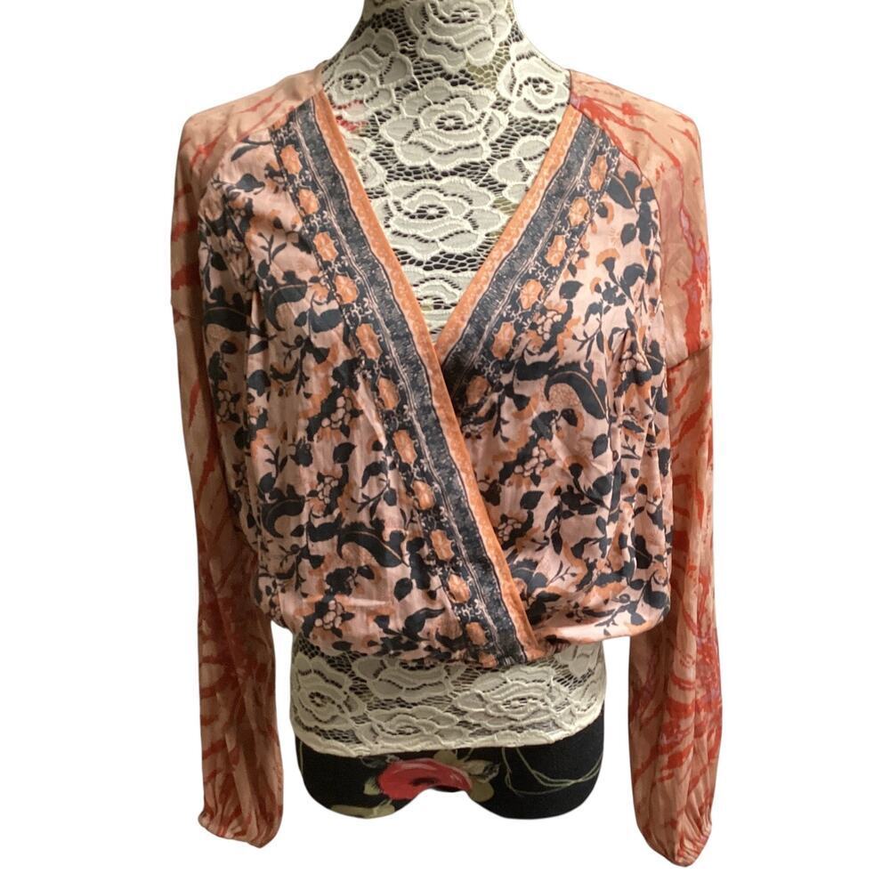 Free People top peach floral faux wrap cropped long sleeve women’s S